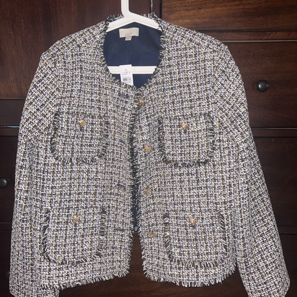 LOFT Metallic Gold Fringe multi color Tweed collarless Jacket.